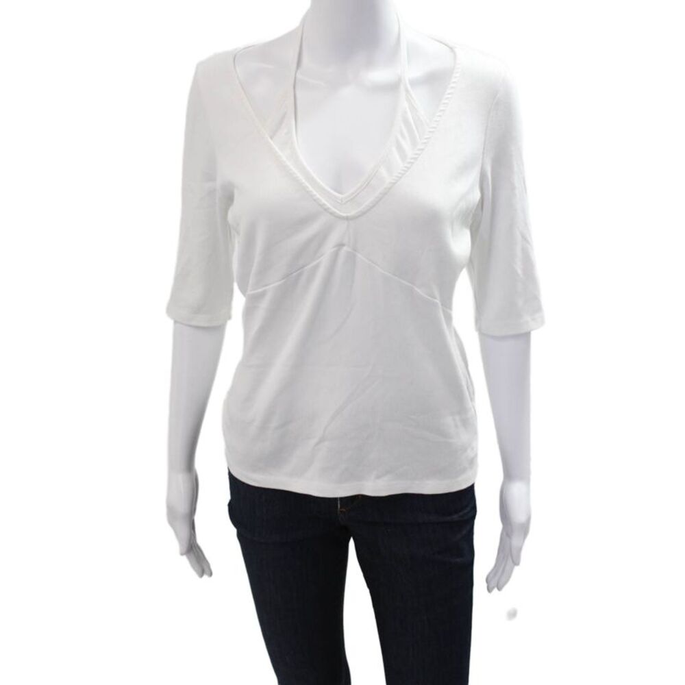 Red Haute Women Basic V Neck White 3/4 Sleeve Top Modal Cotton Spandex Size L